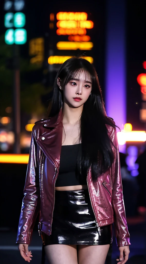 hyper realistic, lifelike texture, dramatic lighting, (best quality:1.1), depth of field, nighttime, in a futuristic cyberpunk city, HDR, shallow depth of field, broad light, high contrast, backlighting, bloom, light sparkles, chromatic aberration, sharp focus, futuristic clothing, leather jacket, beauty512, lnchuu,