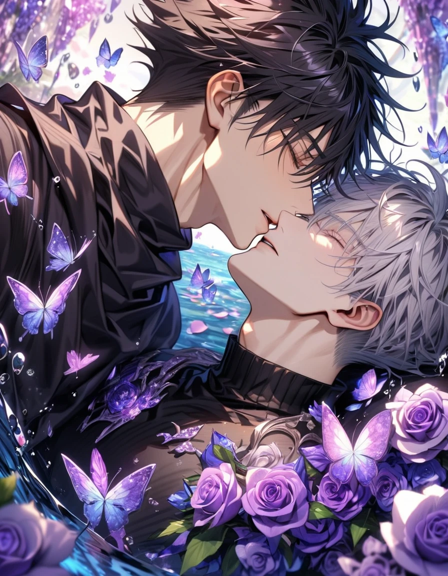 Ultra detailed, HDR, Highres, absurdres, master piece, Gojou Satoru, white hair with bangs, closed eyes, hair between the eyes, white eyelashes, Fushiguro Megumi, black hair, Jujutsu Kaisen, black shirt, purple glittering butterflies, purple ice, petals, purple ice glass roses, 2 sexy men together, gay couple kissing, love, handsome, glittering, water, fantasy, magical,