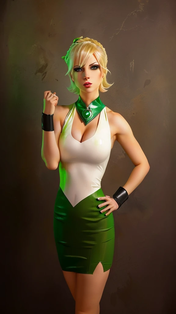 blond woman in green and white outfit posing for a picture, tatsumaki from one punch man, tatsumaki, power girl, cory chase as an atlantean, publicity cosplay, riven from league of legends, as a retro futuristic heroine, dinah drake, lola bunny fanart, full-cosplay, riven, gwen stacy, glamourous cosplay