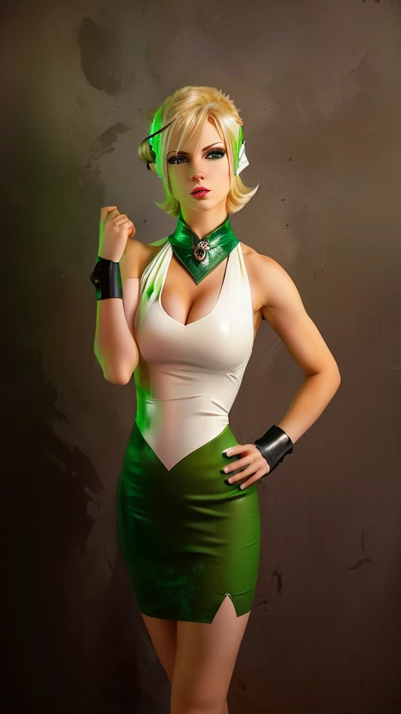 (Elf forest), (Short haircut bob), (big breasts), (Pale skin), (red bikini), (White hair), (green eyes), (long gloves) ((masterpiece)), Darling, modest