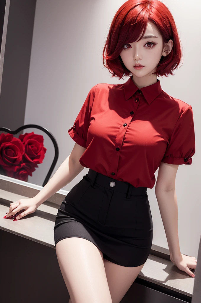 Detailed face、highlight、Asian Girl、thigh、breast enhancement、black髪、Heavy bangs、skirt、red、black、white
