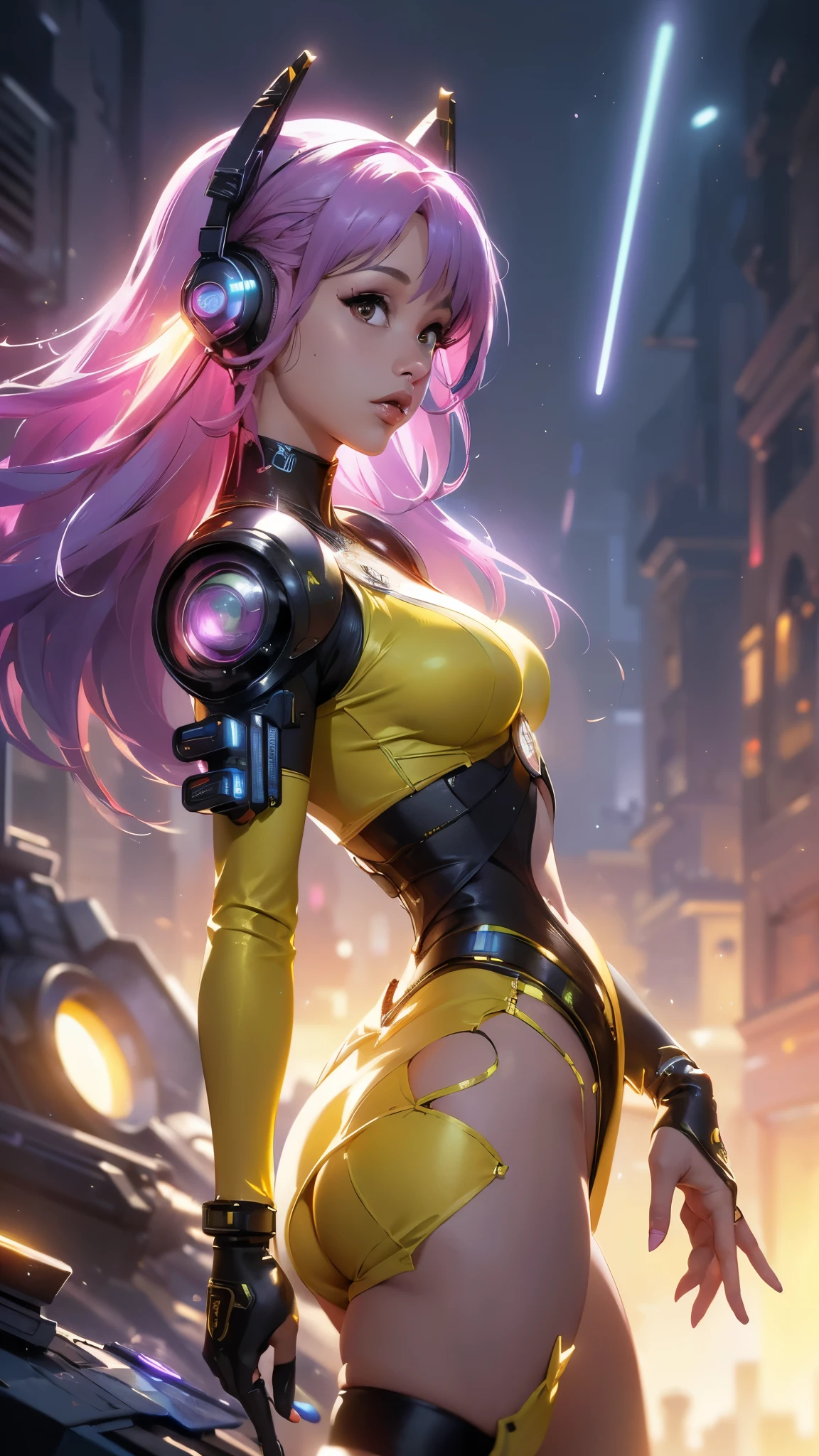 (The best quality,A high resolution,Ultra - detailed,actual),Ariana Grande with headphones on and a (yellow outfit:1.4) , (afrofuturism style:1.4) , afrofuturism, rossdraws | afrofuturism, Beeple. hyperrealism, (style hybrid mix of Beeple:1.4) , cinematic Beeple, realism | Beeple, afrofuturistic, Beeple daily art, cyberpunk art ultrarealistic 8k, cyberpunk vibrant colors,( Ariana Grande :1.4), (cinematic lighting :1.4), (perfect anatomy :1.4), ,(Fondo de ruinas de mazmorra en ruinas cyberpunk :1.4 ), (pose dinámica vaquero)