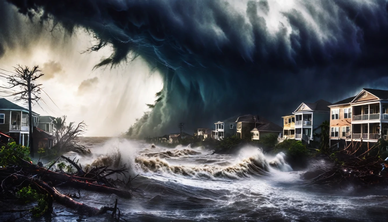 a dramatic landscape with a powerful hurricane, dark ominous clouds, swirling winds, crashing waves, flooded streets, uprooted trees, debris flying through the air, a sense of chaos and destruction, cinematic lighting, vibrant color palette, photorealistic details