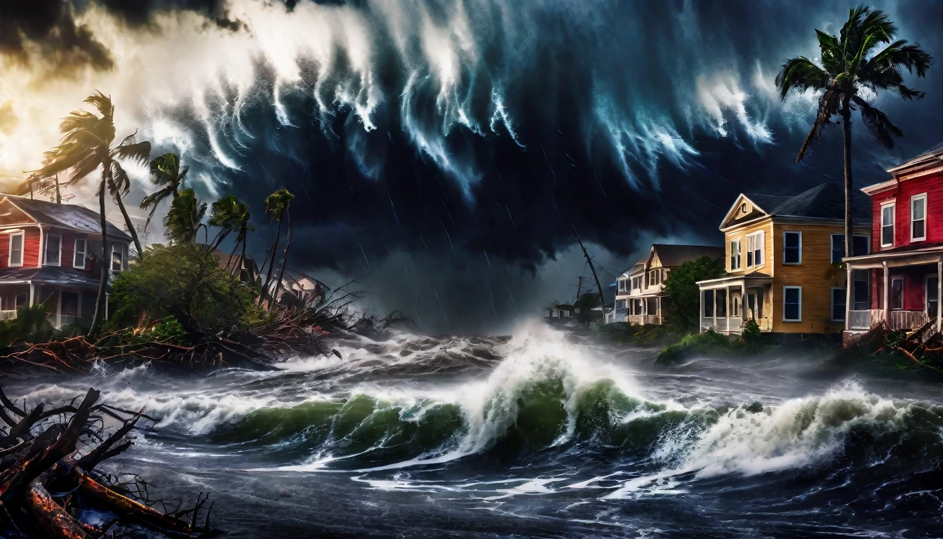 a dramatic landscape with a powerful hurricane, dark ominous clouds, swirling winds, crashing waves, flooded streets, uprooted trees, debris flying through the air, a sense of chaos and destruction, cinematic lighting, vibrant color palette, photorealistic details