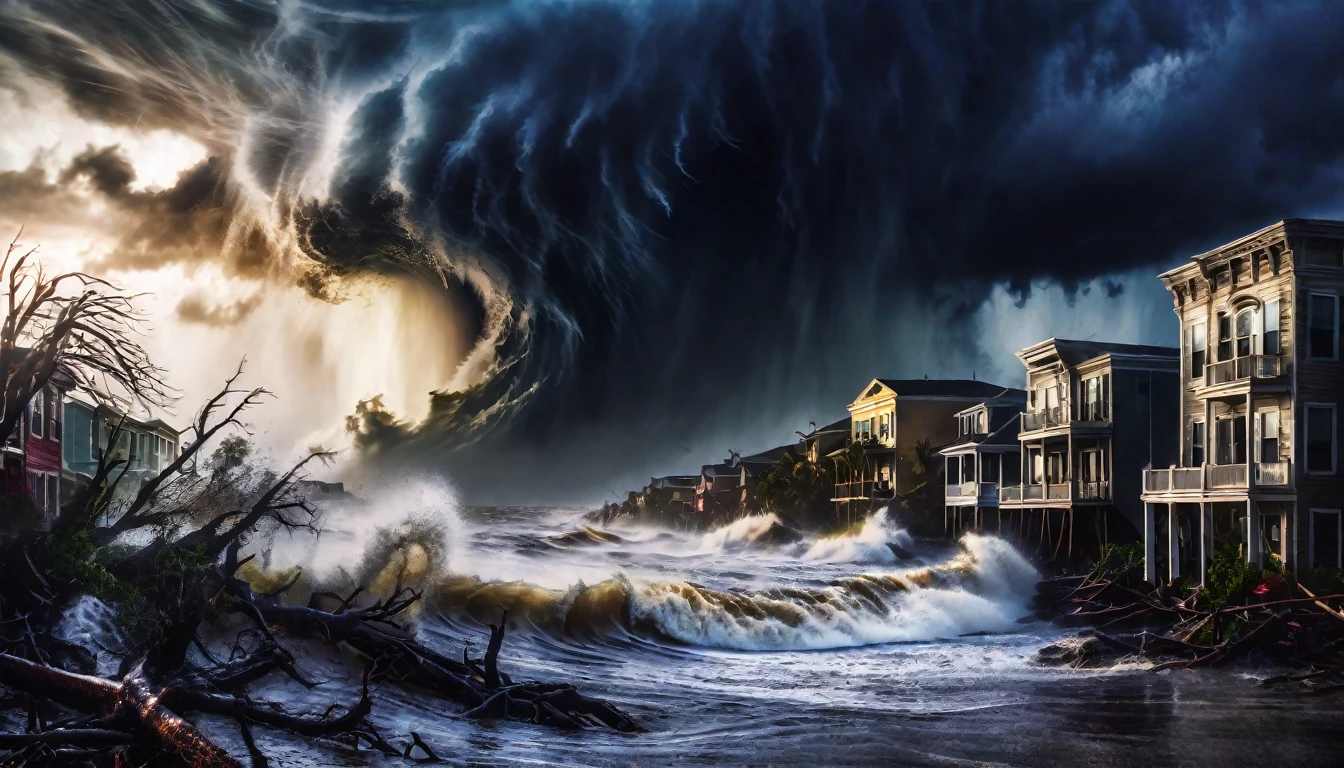 a dramatic landscape with a powerful hurricane, dark ominous clouds, swirling winds, crashing waves, flooded streets, uprooted trees, debris flying through the air, a sense of chaos and destruction, cinematic lighting, vibrant color palette, photorealistic details