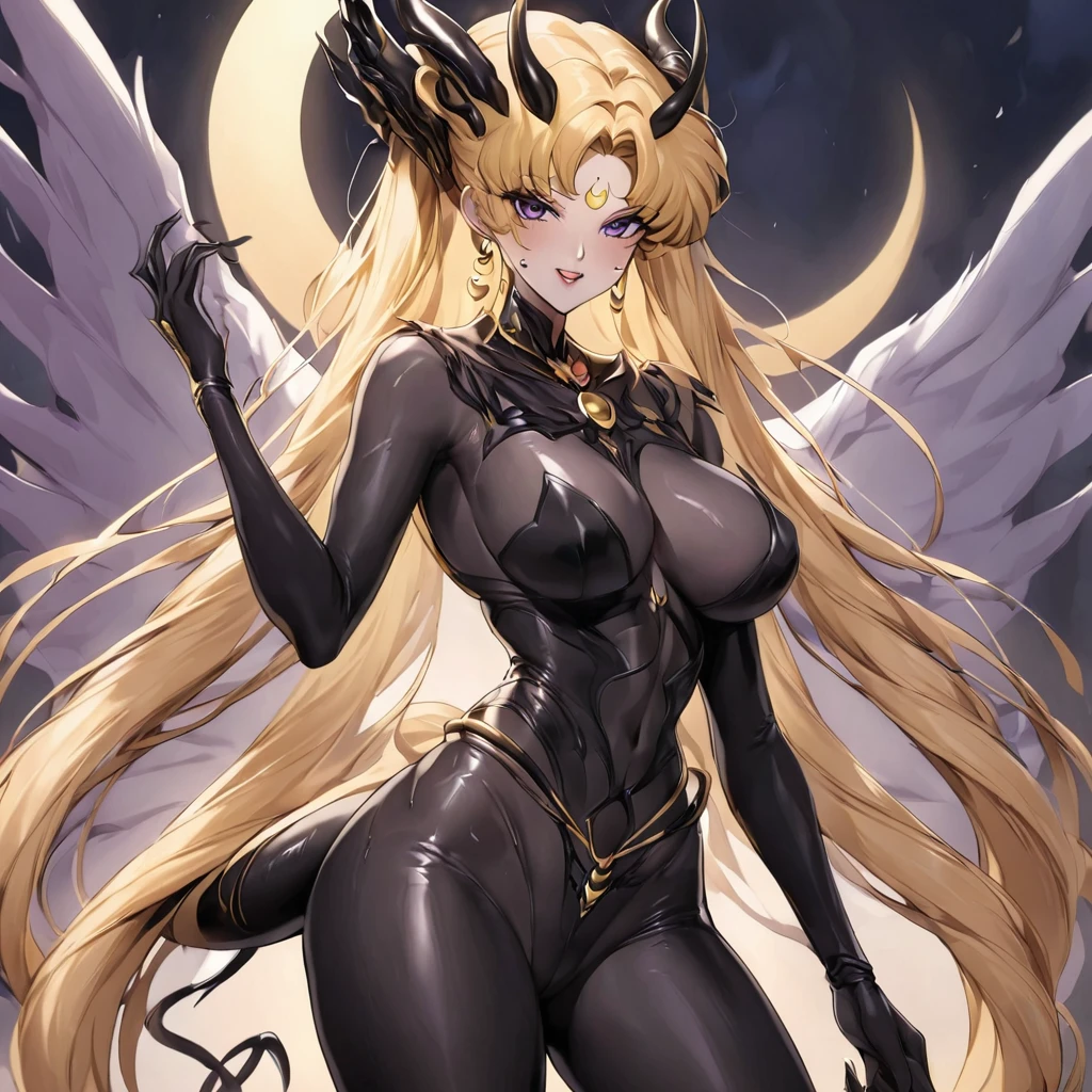 ((Highest quality)), ((masterpiece)), (detailed), （Perfect Face）、male１people女３people、夫と妻に娘二people、My husband is a powerful demon king、The woman is naked and is the bride of the Demon King, the Dark Queen of the Black Moon Clan, the Demon Queen, Devil Queen Serenity, and is wearing a shiny black full-body bodysuit decorated with gold, a sexy female demon with jet-black skin, Devil Queen Serenity.、The woman is a jet-black female demon with magnificent devil horns, jet-black devil wings, and a jet-black tail. Her skin is jet-black, and she has a black inverted crescent moon mark on her forehead. She is the jet-black demon Devil Queen Serenity, and she has blonde hair.２The expression of a girl in love with her long hair tied up、Woman is Devil Queen Serenity