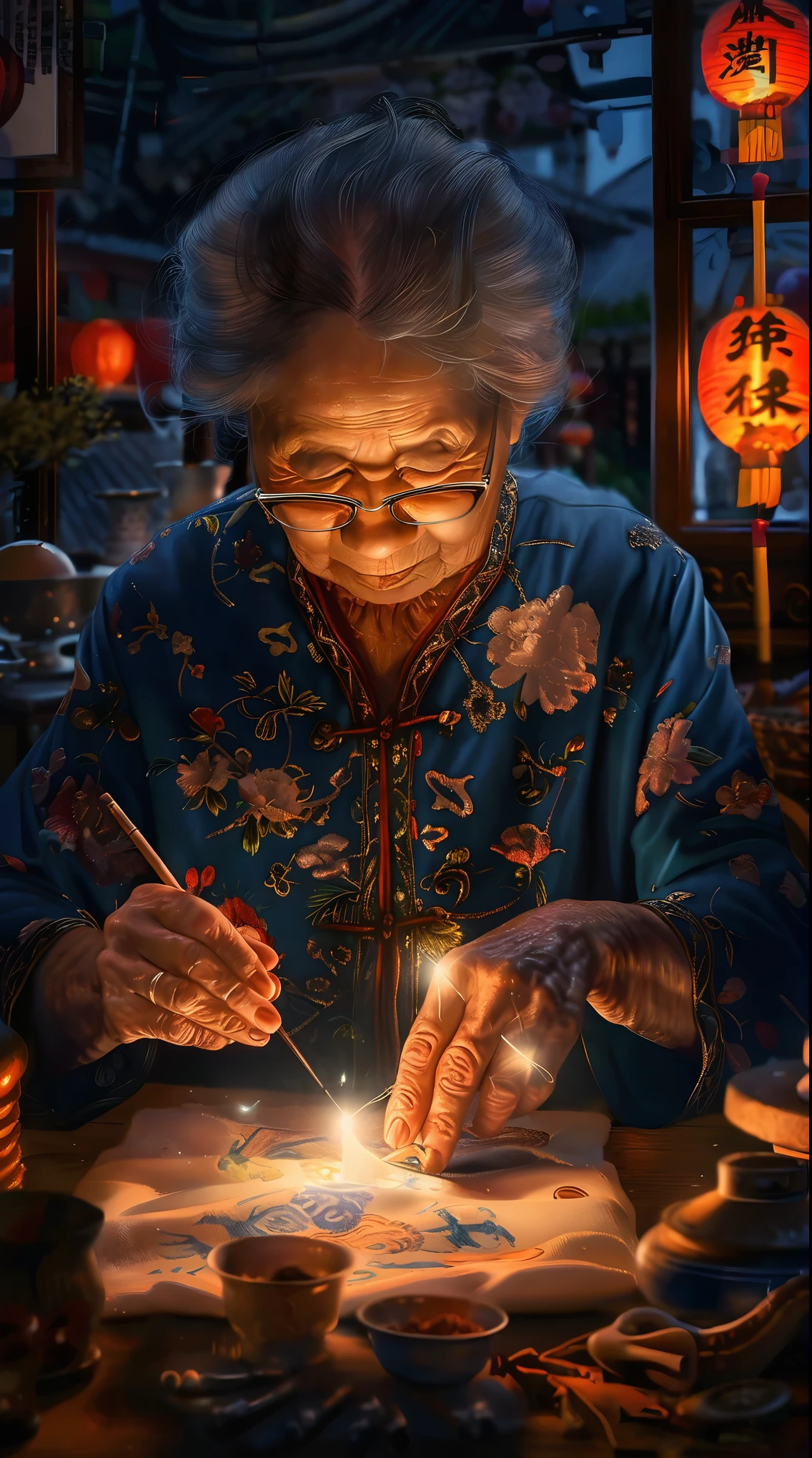 An old woman is making candles with lit candles, Detailed painting 4k, Stunning artwork, author：James Gurney, very detailed Digital Painting, photorealistic Digital Painting, stunning Digital Painting, Beautiful digital artwork, Glowing lights! Digital Painting, Meticulous and realistic, 3d rendering senior artist, Highly detailed numbers, detailed portrait, ultradetailed numbers, Beautiful artwork