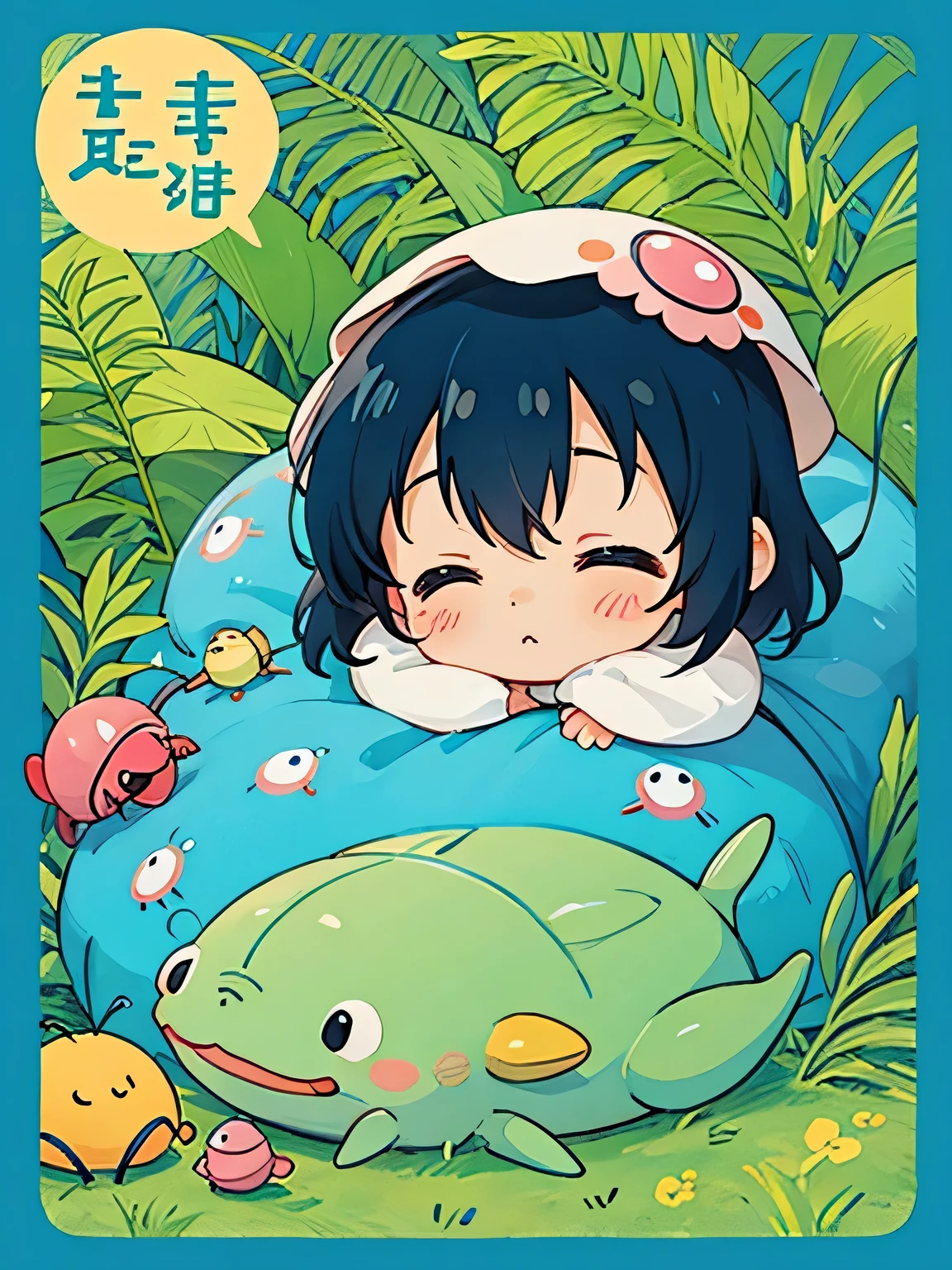 Hayao Miyazaki style、Kawaii Design, The most beautiful girl of all time、chibi,, Cute and colorful pillbug, nap, トトロの森