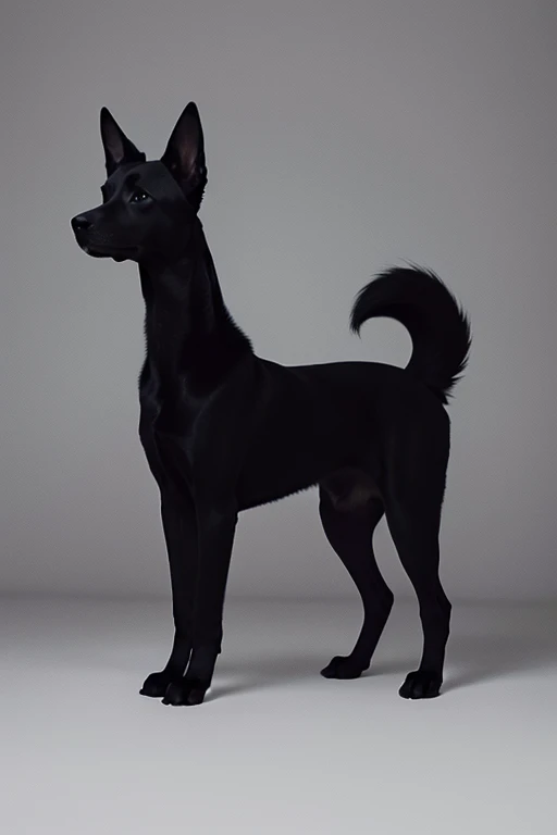 A sleek black silhouette of a standing dog, facing to the right. The dog has a proud posture with its head held high and tail slightly raised. The outline is sharp and clear, and the background is plain white.
