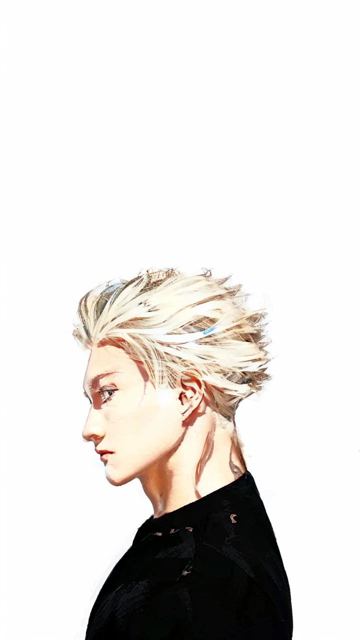 Photo of a beautiful man,white and stylized hair,muscular blue eyes ,profile