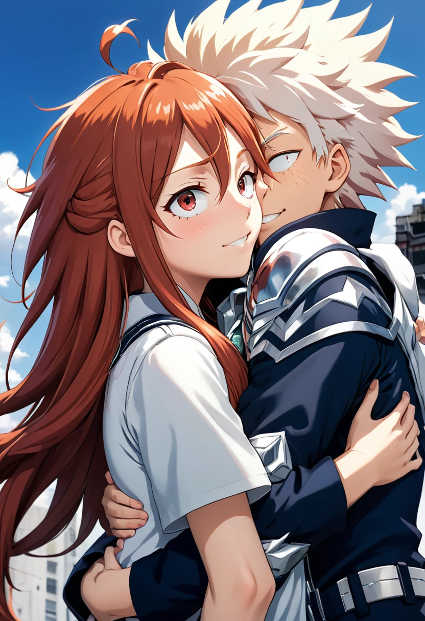 My hero academy, woman with long reddish hair with white highlights hugging Bakugo, My hero academy