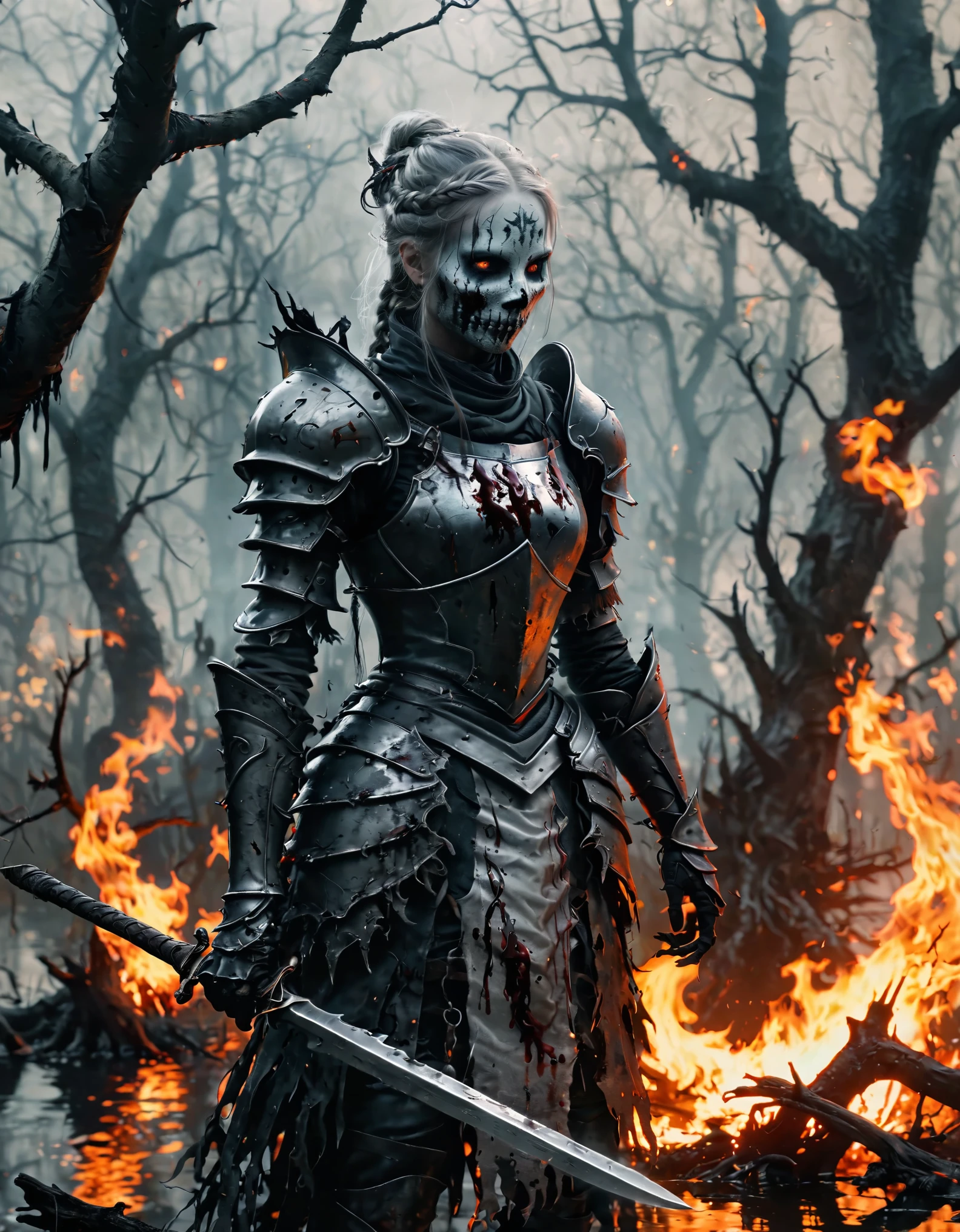 novuschroma38 creepy, novuschroma38, 1girl, knight, swamp, withered trees, flames in (background), solo, standing, bleeding, blood, (creature),  detailed eyes,  (masterpiece, best_quality, ultra-detailed, highres,  wallpaper, illustration), epic, braid, wind, fantasy,  bright spots of light, cinders in air, 
