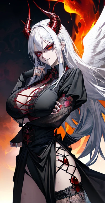 anime girl pov (((look at the camera like a angry,crazy,engread devil smiling))) ((dog toothed)) look white hair with a horns (gothic clothes wear red and black) realistic, a hyperrealistic , ((tall and big body and muscle)), hyperrealistic, anime artstyle, smooth anime cg art, anime full body illus tration big body and big butt, with a wolf tatto ((perfect red eye beauty eyes)), crazy looking condescending look ((legs fish net)) posing for a picture (((backround is hell and fire))) ((angel wings)) (((realistic bloody hand and bloody droplets))) ((dirty bloody clothes)) (((scar one black eye))) (with big black wolf red eyes very angry) ((arms claws bloody)) (dark theme) hand with a dagger