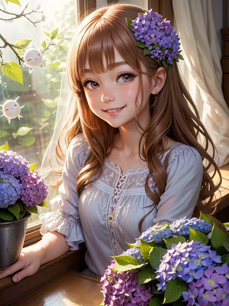 The best picture quality, fairy tale world, hydrangea flower fairy, pretty girl smiling happily, amazingly large shining eyes, long eyelashes, chestnut hair, , friendly and bright smile, teru teru bozu hanging by the window, looking out the window, hydrangea blooming outside the window in the pouring rain,