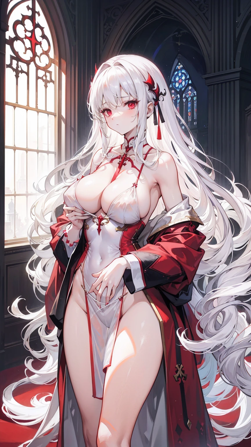 Long white hair,Red eyes,Sexy Sheer Colonial Dress, Perfect body, Clear chest, Well-defined collarbone, Surreal, lifelike, detailed, Perky transparent nipples, Wet clothes(whole body:1.1),cross,Holy,best quality,Large Breasts,Big Ass,No underwear。Gorgeous church background with extreme details