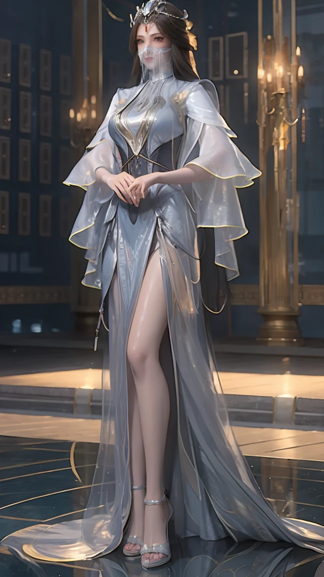 Cartoon woman standing on the starry sky like dominant and powerful enchantress or goddess, Water splashes at the knees，CG Social Trends, Smooth anime CG art, Starry sky background，Full body view，Royal sister standing posture，With a translucent veil,  teasing with a sence of elegance and celectial beauty,  tense beauty , breathtking beauty with unimaginable desire
