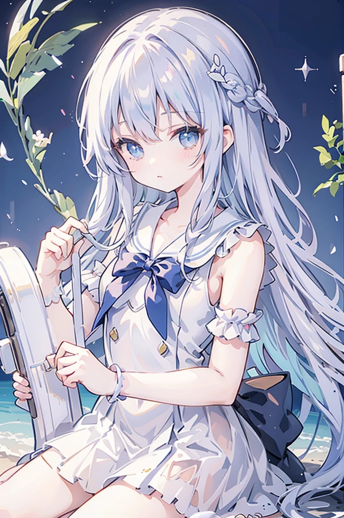 mermaidモチーフのMagical girl、Highest quality、Loriータ、Confused eyes、、small、、Young Girl、Water Manipulation Magic、水を司るMagical girl、beautiful girl、cute、Full-body portrait、light blue、Have a koto、Playing the lyre、Clear eyes、pose、Magic Exerciseermaid、Magical girl、front、Deathblow