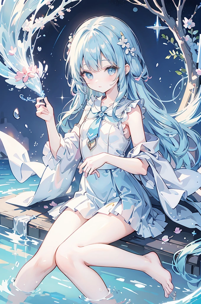 mermaidモチーフのMagical girl、Highest quality、Loriータ、Confused eyes、、small、、Young Girl、Water Manipulation Magic、水を司るMagical girl、beautiful girl、cute、Full-body portrait、light blue、Have a koto、Playing the lyre、Clear eyes、pose、Magic Exerciseermaid、Magical girl、front、Deathblow