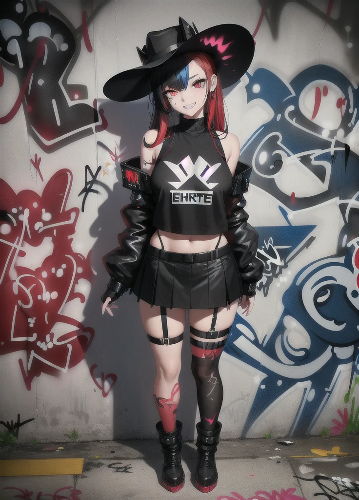 masterpiece, best quality, 1lady, solo, black hanting hat, black shirt, black mini skirt,black boots, (graffiti:1.5), paint splatter, arms behind back, looking at viewer, armband, thigh strap, paint on body, head tilt, bored, red and multicolored hair, red eyes, evil grin, (an artistic photograph of a cyberpunk prostitute),full body shot, centered, contrast beautifully with the sleek, futuristic design of the mech. The background features a wide-angle lens, emphasizing the dynamic nature of the scene. wide aperture, HDR, telephoto lens