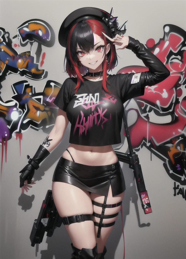 masterpiece, best quality, 1lady, solo, black hanting hat, black shirt, black mini skirt,black boots,    (graffiti:1.5), paint splatter, arms behind back, looking at viewer, armband, thigh strap, paint on body, head tilt, bored, red and multicolored hair, red eyes, evil grin, (an artistic photograph of a cyberpunk prostitute),full body shot, centered, contrast beautifully with the sleek, futuristic design of the mech. The background features a wide-angle lens, emphasizing the dynamic nature of the scene. wide aperture, HDR, telephoto lens