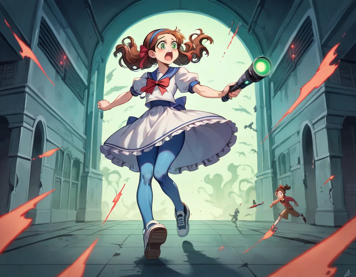 (best quality,4k,highres) A cute japaneese girl, drawn in anime style, futuristic, Frutiger aero aesthetic, sci-fi, is afraid, jade green eyes, long brown hair, ribbon headband, small breast, white and blue futuristic sailor lolita dressh puffy sleeves, school crest, red ribbon, navy blue pantyhose, High tech sport shoes with glowing parts, holding a flashlight, screaming in horror, in a abandoned haunted mansion, running away from a creepy ghost, at night, moonlight, low brightness, darkness, highly detailed, 4K.