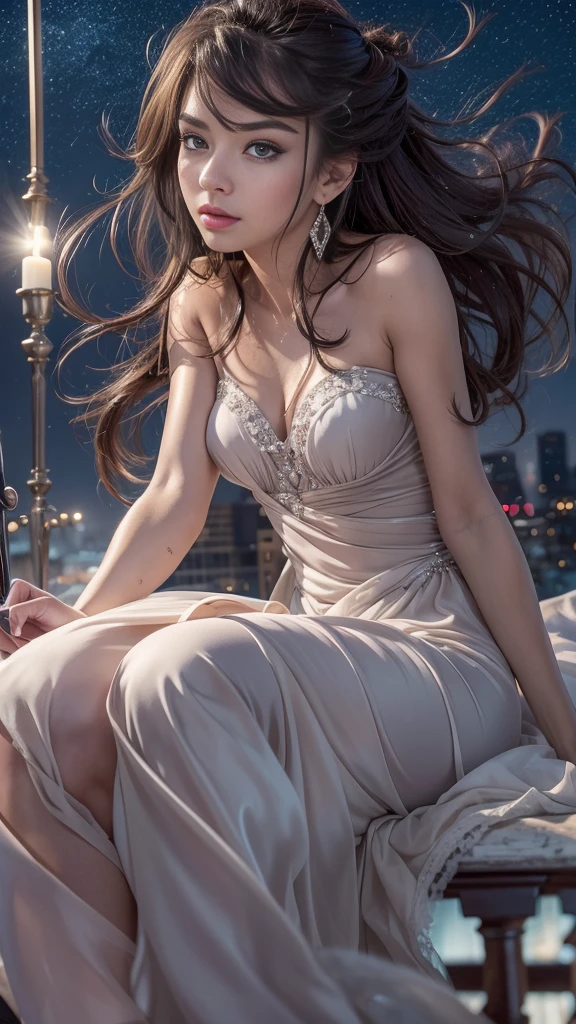 8k HDTV, photorealism, Star Wars, movie look, sheer light nightgown, no lingerie, (whole body from head to knee level: 1.8), night view of skyscraper in the near future, glass wall background, sitting on bed, wavy hair, relaxed expression, detailed expression, ((Padmé Amidala played by Natalie Portman)))