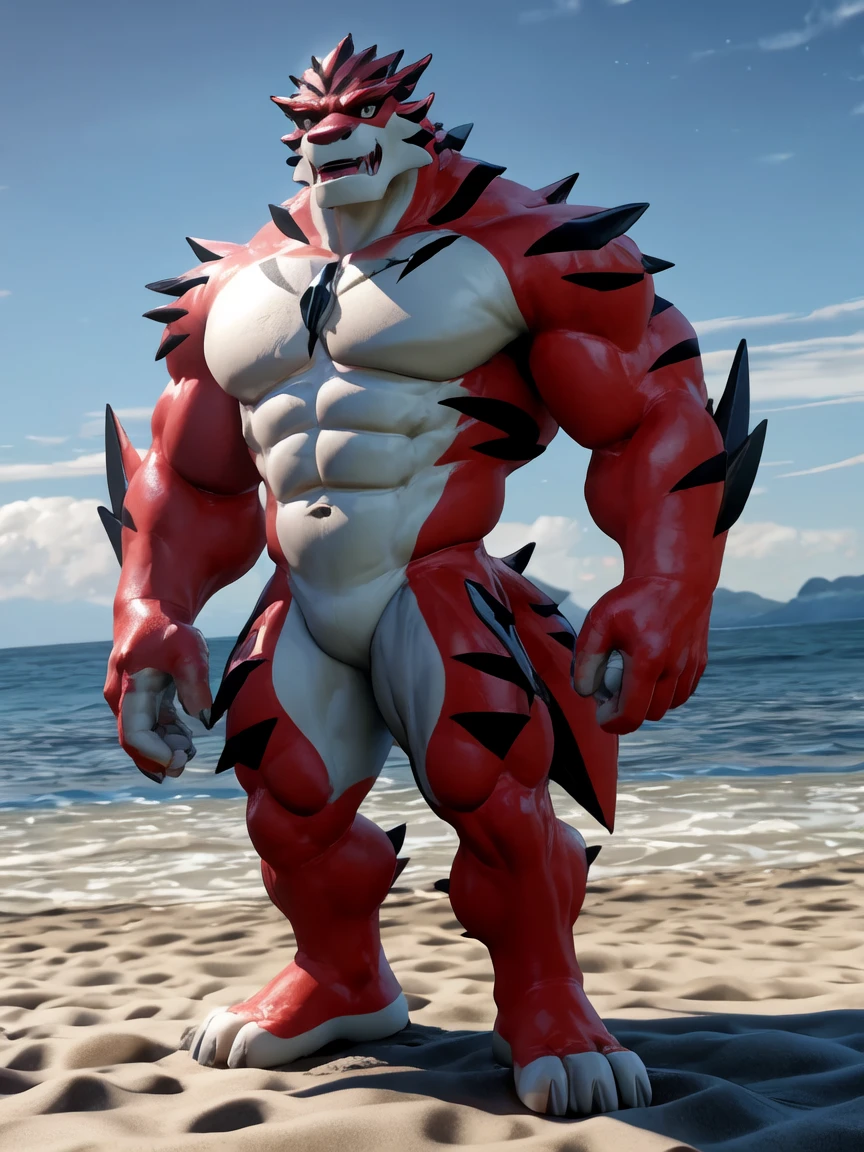 a cartoon image of a character standing in a beach,dynamic posing,commission for high res,rath_(ben_10), muscular, muscular_male, muscular_anthro, by_takahirosi,3d art,((topless,bottomless))