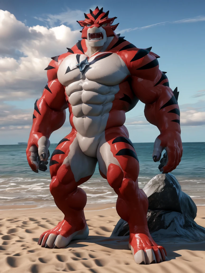 a cartoon image of a character standing in a beach,dynamic posing,commission for high res,rath_(ben_10), muscular, muscular_male, muscular_anthro, by_takahirosi,3d art,((topless,bottomless))