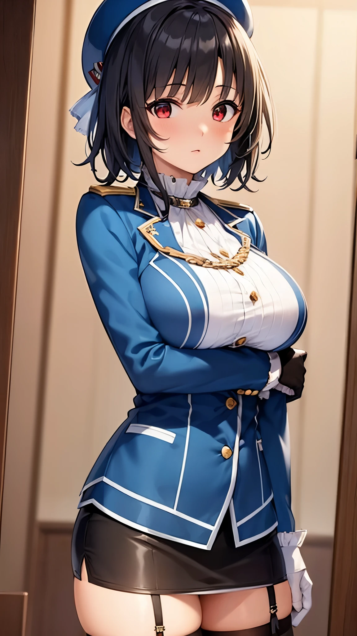 (masterpiece, best quality:1.2),illustration,8k,hd,1girl,solo,upper body,(portrait:1.2),takao \(kancolle\),black hair,red eyes,short hair,large breasts,long sleeves,hat,black gloves,black thighhighs,miniskirt,blue skirt,military uniform,beret,garter straps,blue jacket,blue headwear,pencil skirt, panty shot