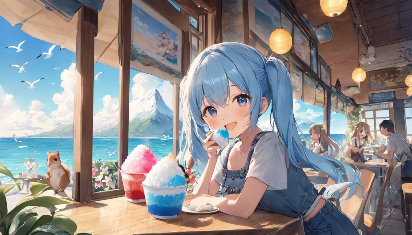 Summer sky seaside cafe、Light blue long hair、Beautiful girl with twin tails、smile、He is eating the huge mountain of shaved ice in front of him with gusto.、A cafe decorated with lots of orchid flowers、The horizon in the distance、明るいsmileの美少女、Seagulls are flying in the sea、Squirrels by the window