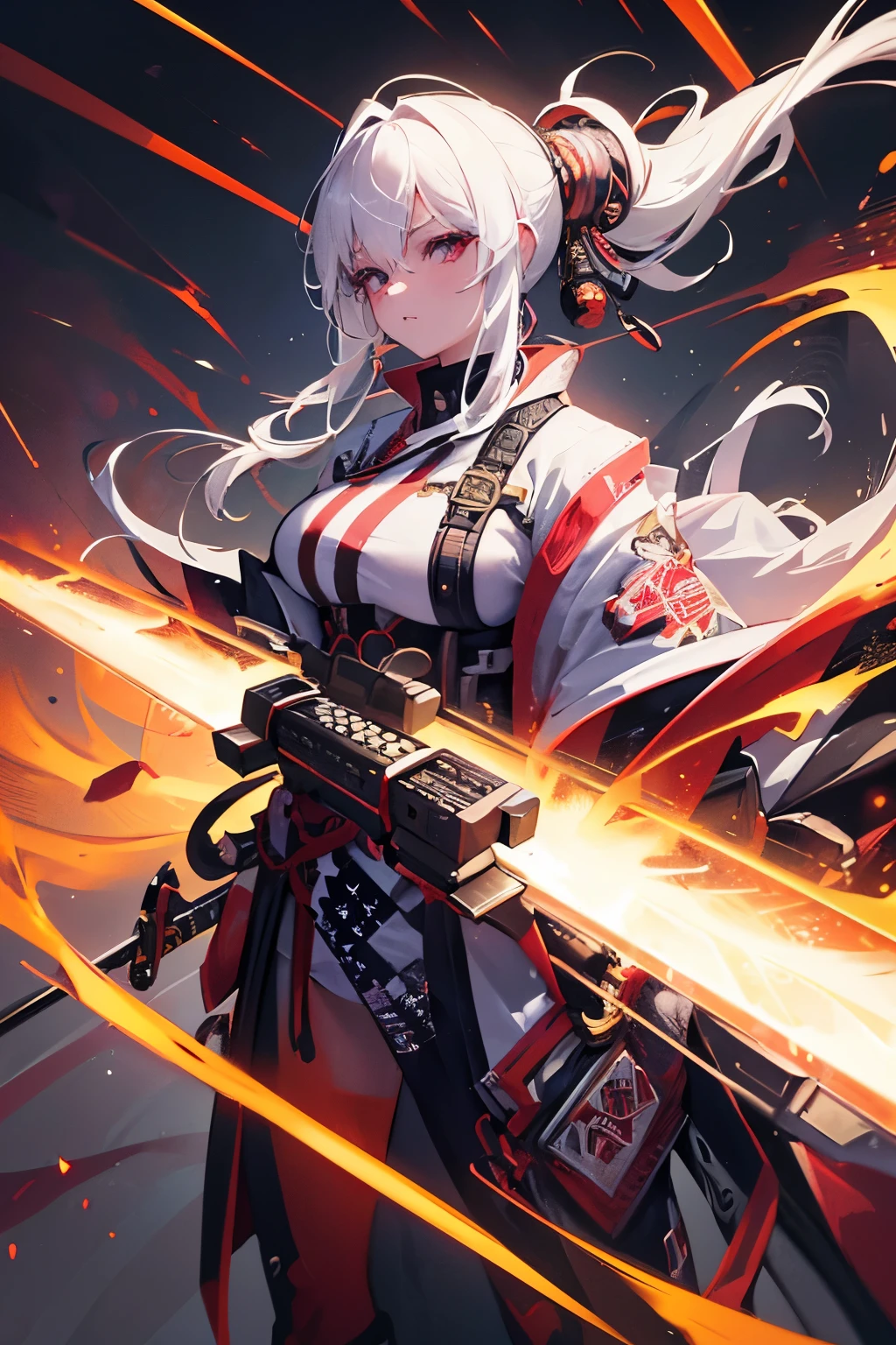 1girl, white hair, katana, ((best quality)), ((masterpiece)), (highly detailed), ((4k resolution)), wearing traditional Japanese clothing with cyberpunk elements, intricate patterns, glowing accents, dynamic pose, futuristic city background, focused expression, vibrant colors, dramatic lighting , Dressed in black and yellow.