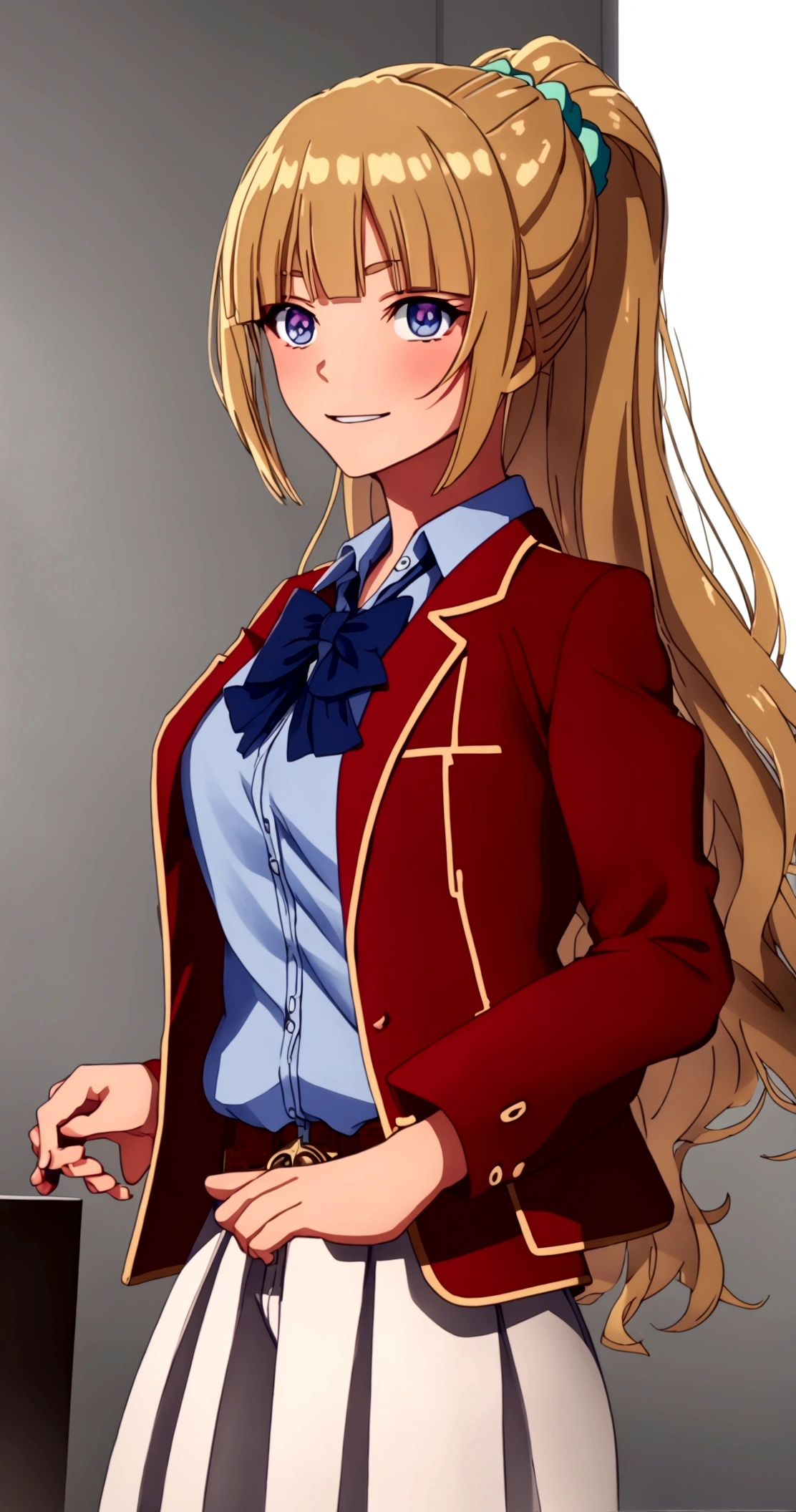 keikaruizawa, kei karuizawa, long hair, bangs, blunt bangs, (purple eyes:1.1), blonde hair, shirt, hair ornament, ponytail, scrunchie, blue scrunchie, smile,
BREAK skirt, shirt, bow, , jacket, (red jacket:1.2), pleated skirt, bowtie, sweater, (blue bow:1.2), (blue shirt:1.2),
BREAK indoors, classroom,
BREAK looking at viewer, (cowboy shot:1.5),
BREAK (masterpiece:1.2), best quality, high resolution, unity 8k wallpaper, (illustration:0.8), (beautiful detailed eyes:1.6), extremely detailed face, perfect lighting, extremely detailed CG, (perfect hands, perfect anatomy),