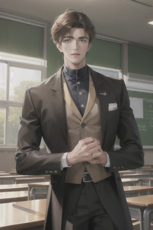 In the classroom of the school, the man sits at the desk, there are some people in the classroom, (high resolution, distinct_image) superb man, masterpiece, high detail, semi-realistic, brown short hair man, brown hair, short hair, medium hair, 18 years old, young, tall and strong, blackened coat, gray-blue clothes, students, college, dashing, natural, handsome, authoritarian, powerful aura, exquisite facial features, facial details, school playground, background on a plastic track