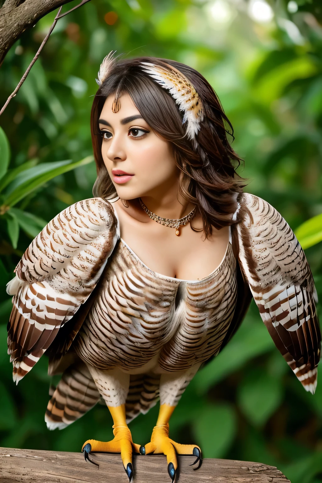 Hansika Motwani is a owl bird, She is a bird but her head looks like girl, from neck to full body looks like owl bird. Owl legs, Owl wings. Bird body, Owl body,   perfect picture, perfect bird, real bird, Real head replace with real Owl head. Exact Bird. Colorful Owl.