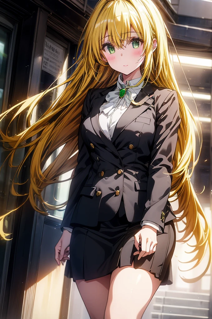 Tearju Lunatique stands out amidst the bustling high school hallways, her long blonde hair cascading like a golden waterfall down her back. Confidently, she wears an office suit: crisp white blouse, sleek black blazer, and short straight skirt that accentuates her curvy figure (B96- W56-H90). The bright midday sun casts a warm glow on her bold lips and defined eyebrows, while her large emerald green eyes shine with determination. She walks confidently among students, her tall slender figure and wide hips drawing attention to her captivating beauty.