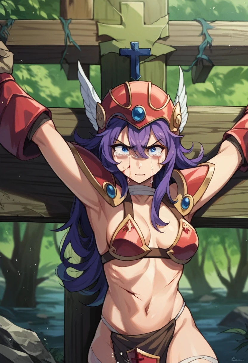 (masterpiece, Highest quality:1.2),Warrior \(dq3\), One girl, Red Armor, Long Hair, Curly Hair, Purple Hair, blue eyes,  gloves, Loincloth, Winged Helmet, Red Armor, Holding a sword and a broken iron shield, (Brunette Messy Hair), (Crying face:1.3),(tears, Blood, Bruises on the face or body, Physical injuries, Damaged),Broken Costume,Thigh injury,Get down on one knee、Anime depiction、Being in the swamp、((Crucifixion:1.5))、Hands restrained、Drowning、Wound on chest、Wound on the belly、Scars on face