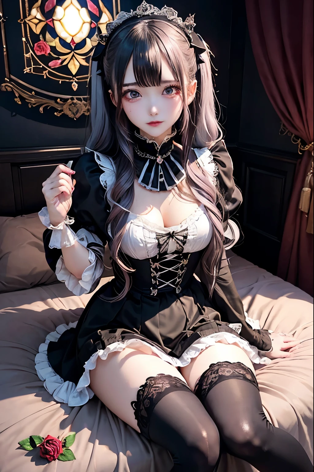 Hard Dark Gothic Makeup、Black dark eyeshadow、sad、Good skin radiance、Dark Gothicメイク、Dark smile、palace、The beauty of fragrance、24-years-old、Expression of intense sexual pleasure、Embarrassed look、Dark Gothic、Highest quality、Expression of sexual pleasure amid suffering、Drunk face、紫のMaid clotheysterious、Noble、The face of someone holding it in the toilet、sexy、Loving smile、Twin tail hair、Right blue eye, Left eye is red、Super tempting pose、Platform Heel Shoes、Heavy makeup、Gothic ta clothes、Silver Hair、Long Hair Straight Hair、Cute Gothic Loliress、Beautiful Face、elegant features、Attractive face、Stained glass is the background、Chest glistening with sweat、The room is dark、goth long dress、Bell Sleeves、Wizard Sleeve、Decadent look、Sexually excited expression、Glossy thighs wet with water、Thighs that are wet and shiny with oil、Background of a room full of roses、sad expression、Rose Maiden、The embroidery is pink、The dress has pink embroidery.、Thigh-high socks、Knee-high socks、Gentle expression、Dark black eyeshadow、Stained glass and rose background、thighs are a little thin、Female Duo、Female couple、dark church background、Stained glass、Black metal world、Dark Castle、Dark Room、Slender body、gothic long dress、Victorian dress、Small breasts、Hold the wine in your right hand、Hold the lantern in your left hand、pantyhose、The bed is covered with roses、Lying in bed、Her thighs are shining with sweat、My body is wet and shiny、Lots of glitter on the thighs、sweating、My thighs are sticky from sweating、Sweat glistening on my thighs, The whole body is sweaty and shiny、I sweated a lot.、My thighs are sweaty、My thighs are wet、My thighs are shining with sweat、A lot of sweat glistening all over the body、Slender body、Put your head on the pillow、Sleeping on a bed、Beautiful legs、Sleep with your legs stretched、