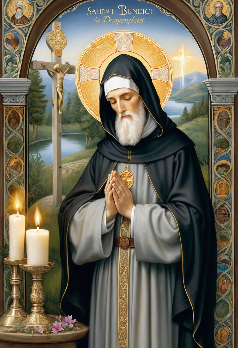 “Create a visual scene that illustrates Saint Benedict, with a hood, in Prayer. Capture serene images of a calm and harmonious environment, with symbolic elements such as lit candles, a cross and the figure of Saint Benedict. security and serenity that this prayer provides."
