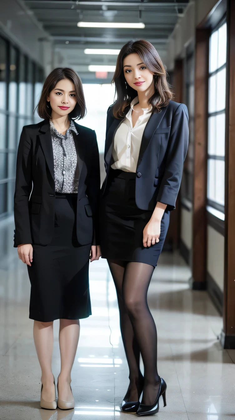Delicate makeup，Two women standing side by side、Cool Beauty,　Accurately express the fine details of the face and skin texture,(The most beautiful face and eyes), Delicate skin,Looking into the camera、Short Haircut、smile、Jacket、shirt、((Are standing:1.3))、(Ultra-realistic pantyhose:1.2), (pumps)、(Business services)、 indoor, ,The background is the building&#39;s entrance
