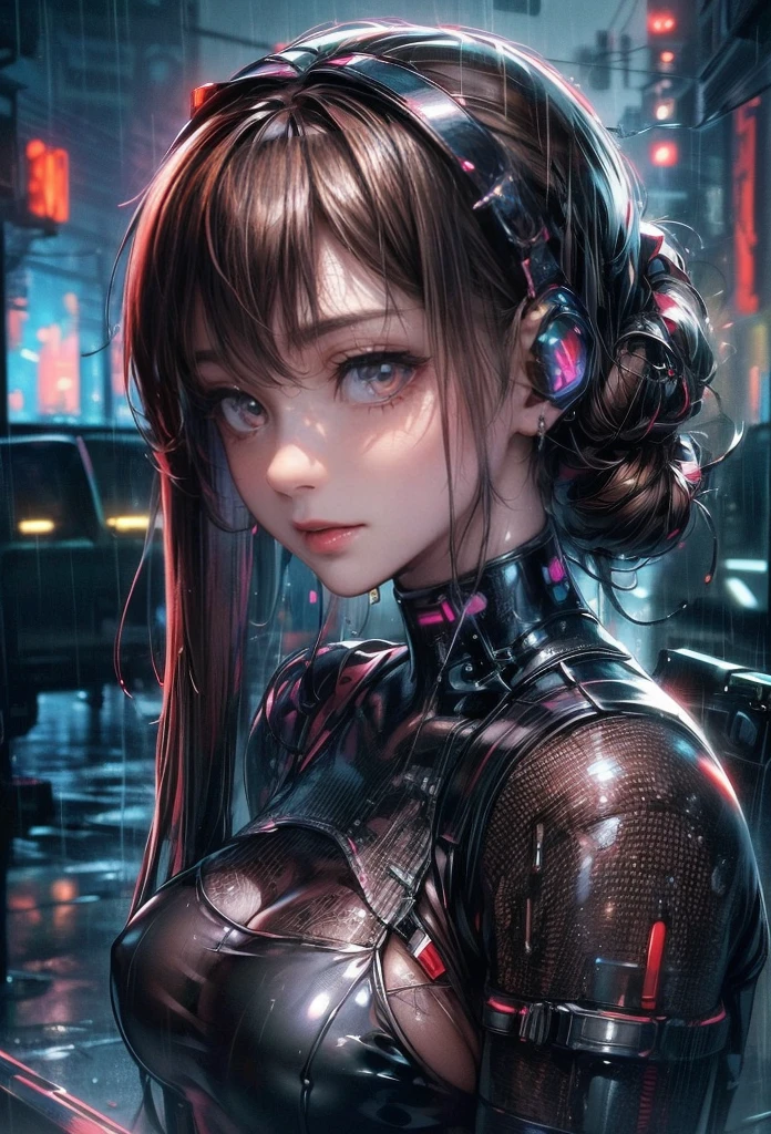 nsfw、(masterpiece, Highest quality, Super detailed:1.3), Perfect composition, 4K, (Very detailed, Super detailed),(Rainy cyberpunk night city:1.5), (Brown full-body tights)、Wear a white swimsuit over tights、White sheer long latex gloves、Transparent long latex tights,(The skin is slightly visible)、 High resolution, 8k Texture, Attention to detail, Very detailed肌の質感, Magnificent details, High Sharpness, One girl, (Fine grain:1.3), (25-year-old woman:1.3),(A smile that lowers the corners of the eyeouth showing teeth、((Rain makes me wet))