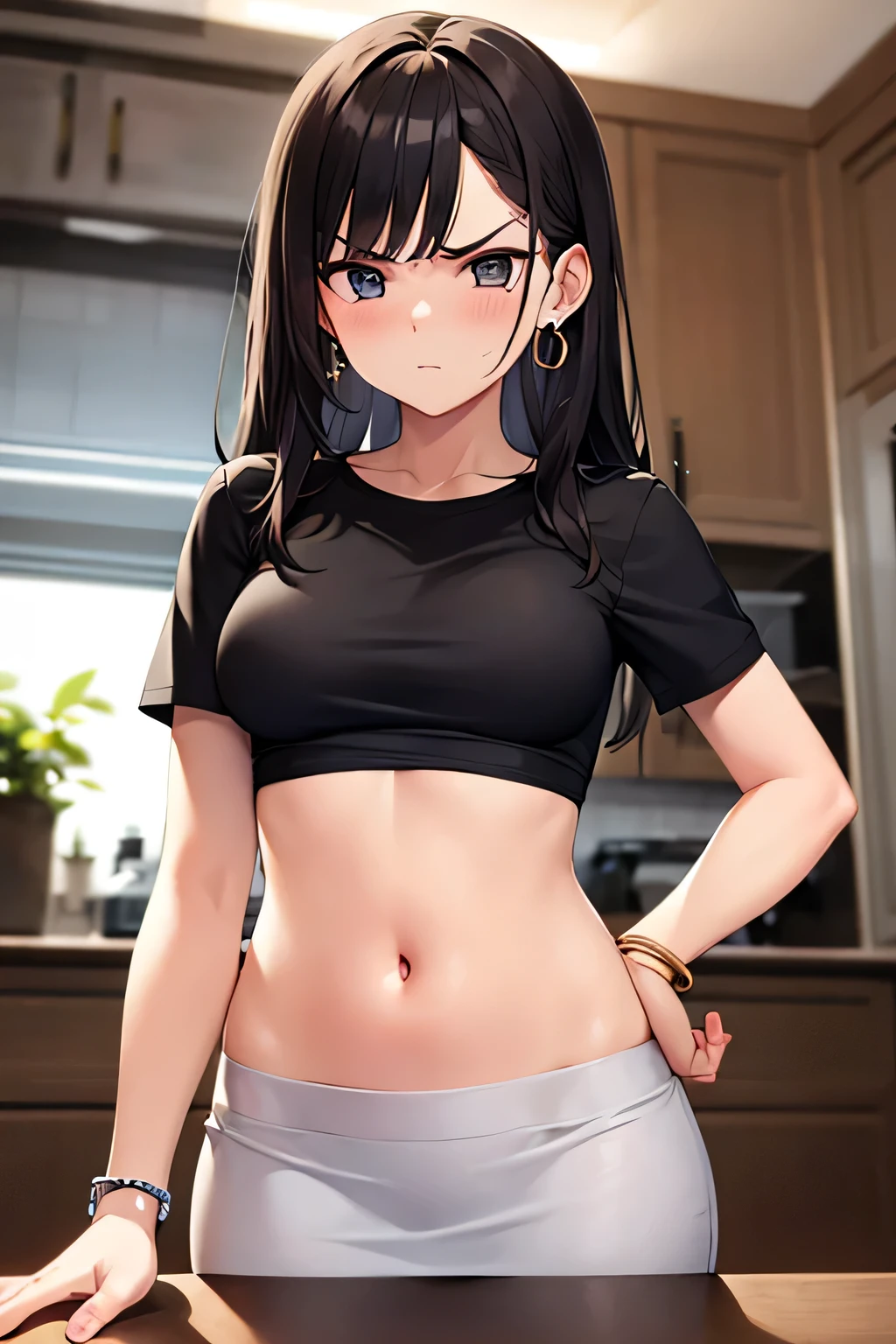 super fine illustration, vibrant colors, masterpiece, sharp focus, best quality, depth of field, cinematic lighting, ultra detailed, short sleeves, cropped t shirt, white skirt, navel, belly button, tummy, wide hips, 1 woman, solo, milf, very messy hair, long hair, slender, blush, annoyed, mature female, tall woman, looking down, v-shaped eyebrows, small breasts, black hair, kitchen, earring, bangle 
