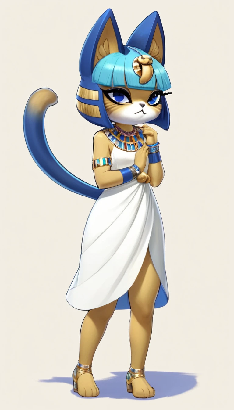 1girl，Artist Name，Egyptian cat，Blue Hair，skin，Keep your mouth shut，Wear，whole body，solo，Standing，猫Tail，Keep your mouth shut，Wear，Looking at the audience,Animal Crossing Furry, Blue Hair, Hair accessories, 黄skin, black eyes, White Dress, Tail, (masterpiece), ((best quality), ((high resolution)), (Extremely detailed CG unity 8k wallpaper),