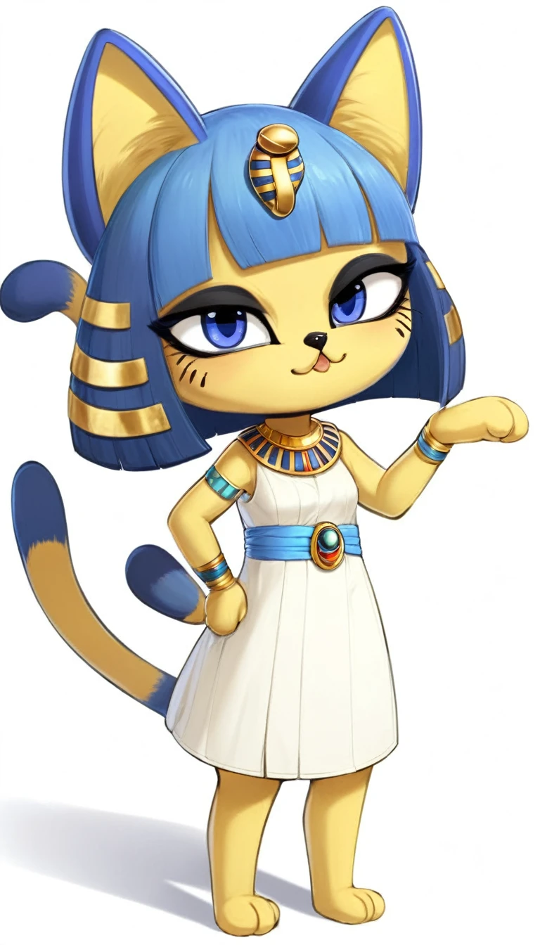 1girl，Artist Name，Egyptian cat，Blue Hair，skin，Keep your mouth shut，Wear，whole body，solo，Standing，猫Tail，Keep your mouth shut，Wear，Looking at the audience,Animal Crossing Furry, Blue Hair, Hair accessories, 黄skin, black eyes, White Dress, Tail, (masterpiece), ((best quality), ((high resolution)), (Extremely detailed CG unity 8k wallpaper),