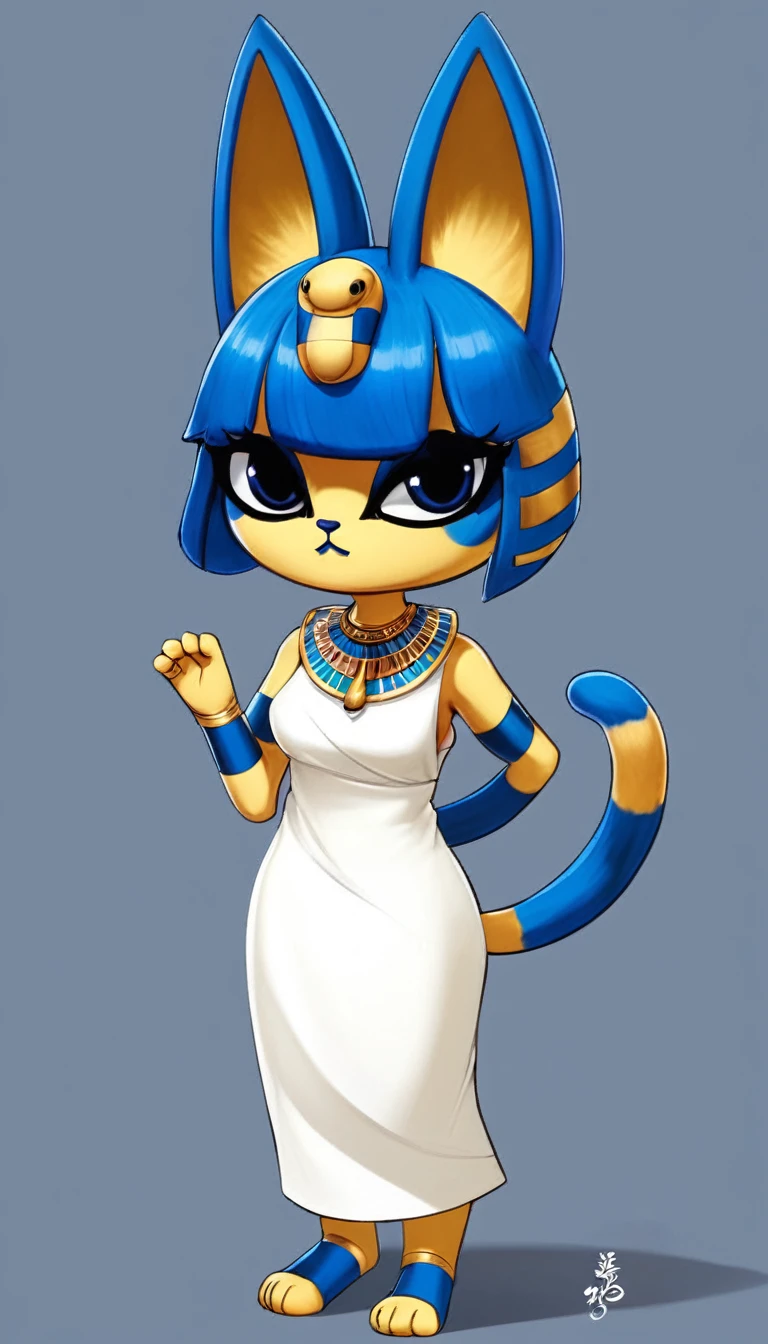 1girl，Artist Name，Egyptian cat，Blue Hair，skin，Keep your mouth shut，Wear，whole body，solo，Standing，猫Tail，Keep your mouth shut，Wear，Looking at the audience,Animal Crossing Furry, Blue Hair, Hair accessories, 黄skin, black eyes, White Dress, Tail, (masterpiece), ((best quality), ((high resolution)), (Extremely detailed CG unity 8k wallpaper),