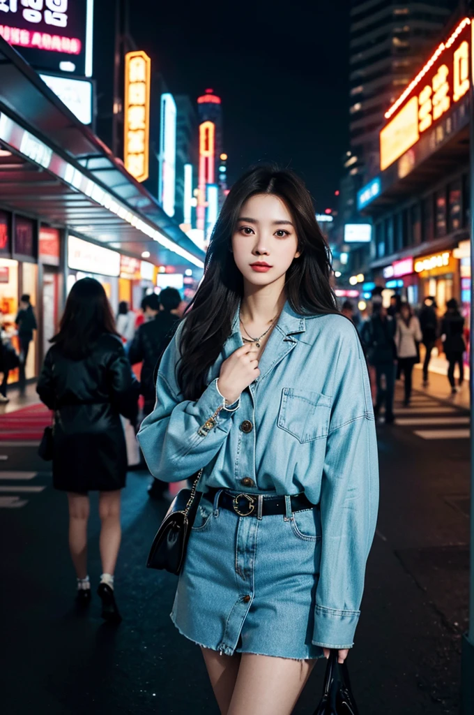 A beautiful city girl with detailed makeup, Stylish clothes, and a high-class sense of fashion, Long straight hair, Bring a stylish handbag, And wear trendy sunglasses, Walk the busy streets of Seoul confidently [urban, modern, vibrant]. Her flawless porcelain skin sparkled in the sun, Highlight her impeccable complexion. The vibrant colors of the cityscape create a vivid backdrop, The market is bustling, Neon lights, and skyscrapers [Dynamic, Energetic]. The girl is surrounded by a group of fashionable girls, Different styles, Each one reflects their personality [Stylish, diffe]. The overall scene exudes charm and sophistication.

Artworks are rendered using a mix of digital painting and photography techniques [mixed media, Contemporary]. It demonstrates a high level of detail, Girls have intricate patterns on their clothes, Highlight her fashion-forward style. Well-designed lighting，Create soft and dramatic effects, Enhance the overall atmosphere of the image [Soft lighting, Dramatic atmosphere]. The color palette consists of vibrant and saturated hues, Give the artwork a bold and captivating look [vibrant, Colorful]. The composition of the artwork is carefully balanced, Draw the audience's attention to the fashion girl in the middle，while capturing the energy of the surrounding city [Balanced composition].

(Best quality, 4K, High-res), Ultra-detailed, realistic artwork, With a clear focus and vibrant colors, The perfect summary of the essence of urban fashion [Masterpiece:1.2, Ultra-detailed, Realistic:1.37]. The image quality is top-notch, Show every intricate detail of girls' makeup, Her stylish suit, and vibrant cityscapes. The overall feel of the artwork is exquisite，Visually stunning.