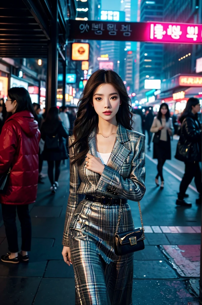 A beautiful city girl with detailed makeup, Stylish clothes, and a high-class sense of fashion, Long straight hair, Bring a stylish handbag, And wear trendy sunglasses, Walk the busy streets of Seoul confidently [urban, modern, vibrant]. Her flawless porcelain skin sparkled in the sun, Highlight her impeccable complexion. The vibrant colors of the cityscape create a vivid backdrop, The market is bustling, Neon lights, and skyscrapers [Dynamic, Energetic]. The girl is surrounded by a group of fashionable girls, Different styles, Each one reflects their personality [Stylish, diffe]. The overall scene exudes charm and sophistication.

Artworks are rendered using a mix of digital painting and photography techniques [mixed media, Contemporary]. It demonstrates a high level of detail, Girls have intricate patterns on their clothes, Highlight her fashion-forward style. Well-designed lighting，Create soft and dramatic effects, Enhance the overall atmosphere of the image [Soft lighting, Dramatic atmosphere]. The color palette consists of vibrant and saturated hues, Give the artwork a bold and captivating look [vibrant, Colorful]. The composition of the artwork is carefully balanced, Draw the audience's attention to the fashion girl in the middle，while capturing the energy of the surrounding city [Balanced composition].

(Best quality, 4K, High-res), Ultra-detailed, realistic artwork, With a clear focus and vibrant colors, The perfect summary of the essence of urban fashion [Masterpiece:1.2, Ultra-detailed, Realistic:1.37]. The image quality is top-notch, Show every intricate detail of girls' makeup, Her stylish suit, and vibrant cityscapes. The overall feel of the artwork is exquisite，Visually stunning.