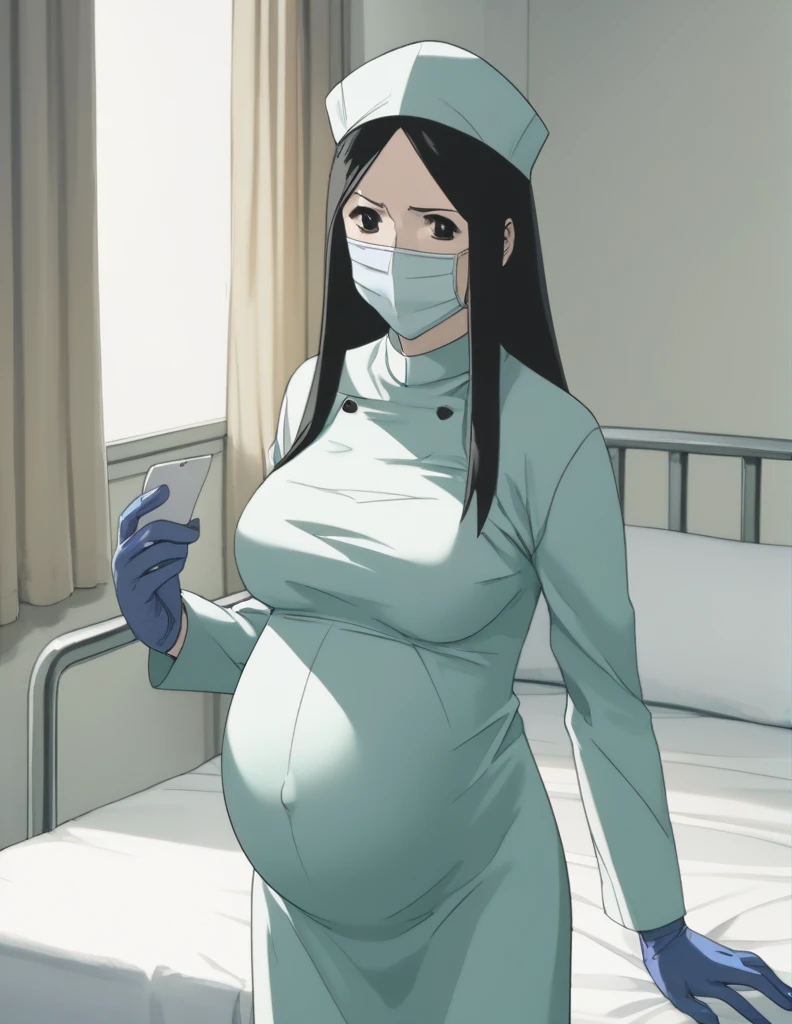 score_9, score_8_up, score_7_up, source_anime, masterpiece, highest quality, kasuganoray, pale skin, long hair, shy eyes, highest quality, masterpiece, big breasts, surgical mask, surgical cap, long sleeve maternity dress, seamless,
1 girl, pregnant, solo, rubber gloves, frown, standing, in one hospital, hospital bed,