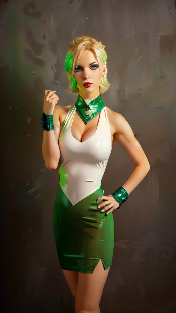 blond woman in green and white outfit posing for a picture, tatsumaki from one punch man, tatsumaki, power girl, cory chase as an atlantean, publicity cosplay, riven from league of legends, as a retro futuristic heroine, dinah drake, lola bunny fanart, full-cosplay, riven, gwen stacy, glamourous cosplay