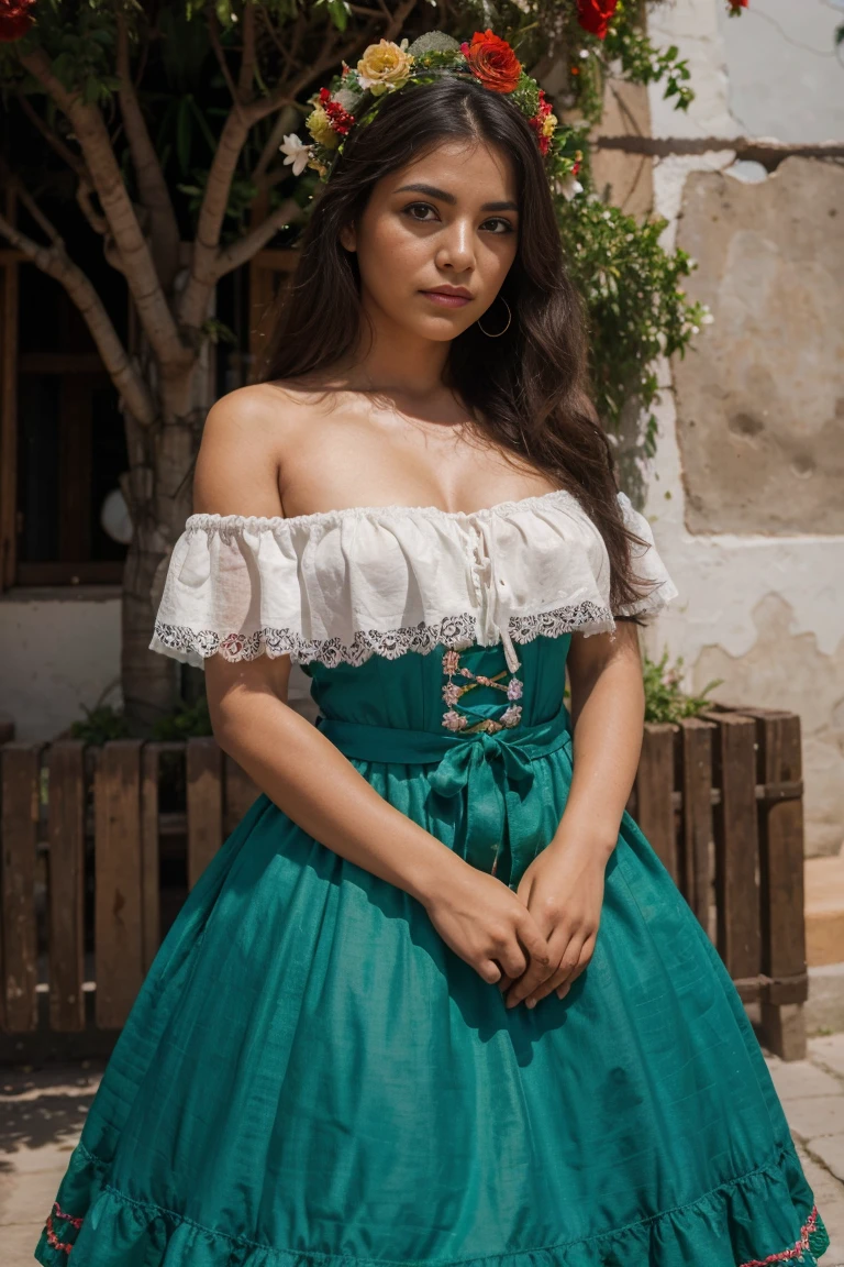 an impressive mexican woman, His personality recalls the timeless charm of Mexican tradition.. His eyes, full of stories, the eyes are a light shade of green, exuding wisdom with a touch of mischief. Her lips, rich and red, reflect the vitality of Mexican culture. Her hair, As dark and fluid as the Mexican night sky adorned by a beautiful wreath of red roses,frames your face. Dressed in a traditional Mexican costume., The vibrant colors seem to reflect the very spirit of Mexico.. The surrounding environment displays a mix of street scenes symbolic of flowers.., colorful buildings, and the heavenly blue sky,