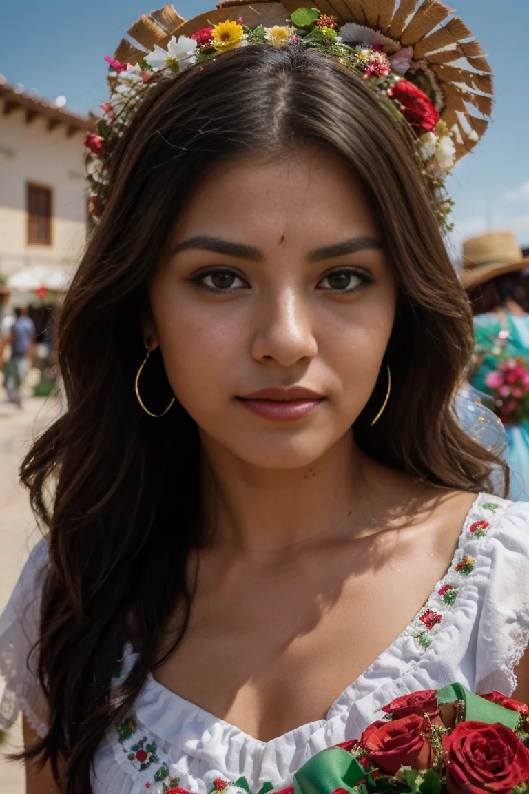 an impressive mexican woman, His personality recalls the timeless charm of Mexican tradition.. His eyes, full of stories, the eyes are a light shade of green, exuding wisdom with a touch of mischief. Her lips, rich and red, reflect the vitality of Mexican culture. Her hair, As dark and fluid as the Mexican night sky adorned by a beautiful wreath of red roses,frames your face. Dressed in a traditional Mexican costume., The vibrant colors seem to reflect the very spirit of Mexico.. The surrounding environment displays a mix of street scenes symbolic of flowers.., colorful buildings, and the heavenly blue sky,